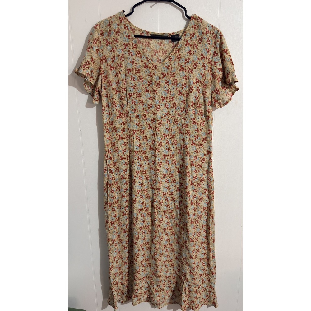 Eddie Bauer‎ Vintage Floral Rayon Midi Dress Tan Red Blue Ruffle Hem Womens 10